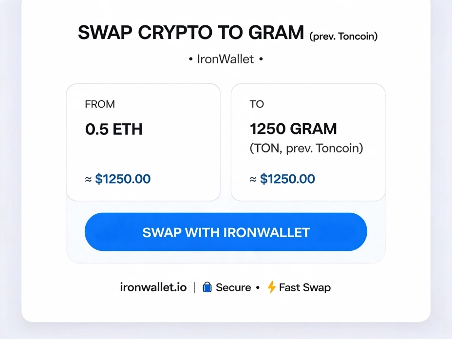 Обмен криптовалюты на Gram/Toncoin с помощью IronWallet.