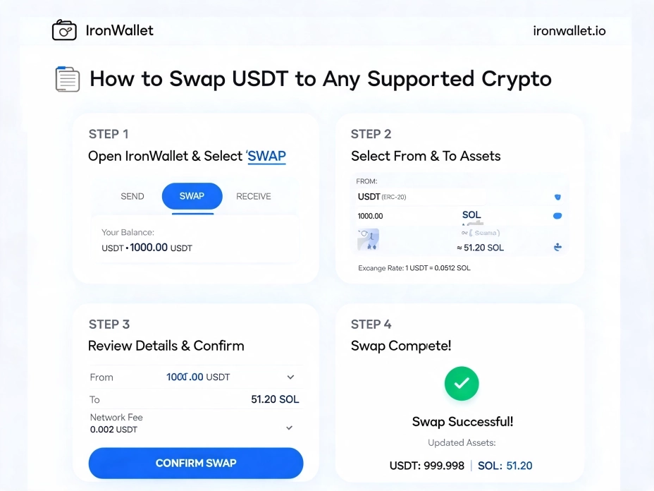 Как обменять USDT на любую поддерживаемую криптовалюту в криптокошельке IronWallet.