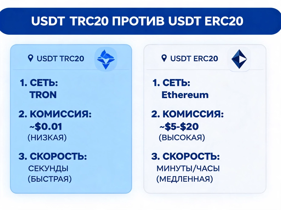 USDT TRC20 против USDT ERC20: выбор правильной сети.